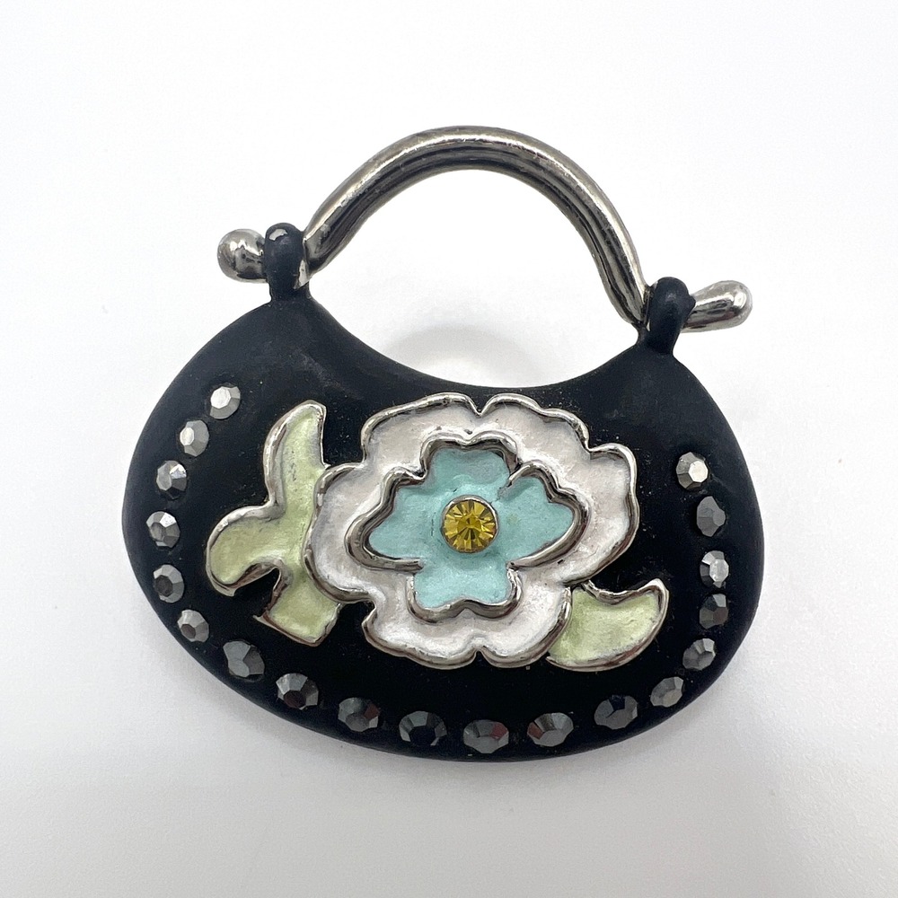 Vintage Style Handbag Brooch Black Enamel Flower Rhinestone Purse Pin Silver